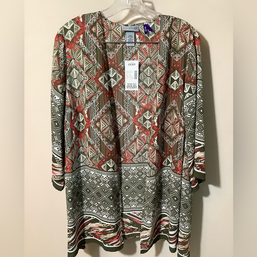 Catherine’s great geometric print jacket in white,tan,avocado,&orange size OXWP